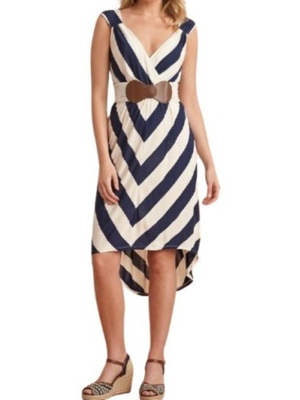 Remain Navy Cream Chevron Surplice Belted High Low Resortwear Dress Size L NWT